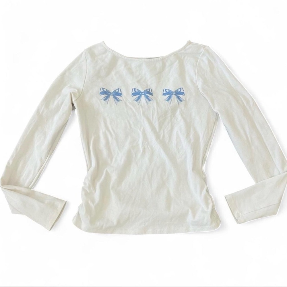 Madden Girl White Long Sleeve Top with Blue Bow Details